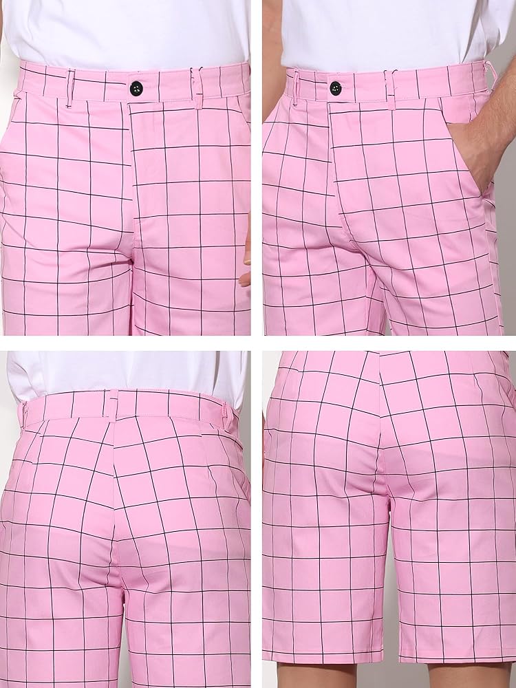 Lars Amadeus Men's Summer Pink Plaid Shorts Slim Fit Flat Front